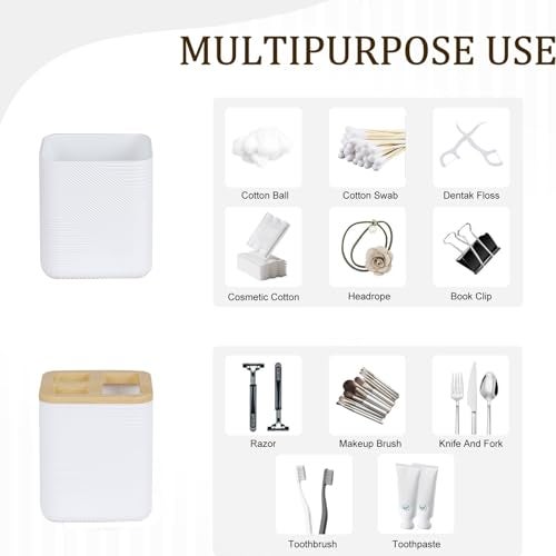 CERBIOR Bathroom Accessories Set 6 Piece Bamboo Bath Ensemble Includes Soap Dispenser, Toothbrush Holder, Toothbrush Cup, Soap Dish for Decorative Countertop and Housewarming Gift (White) - Image 3
