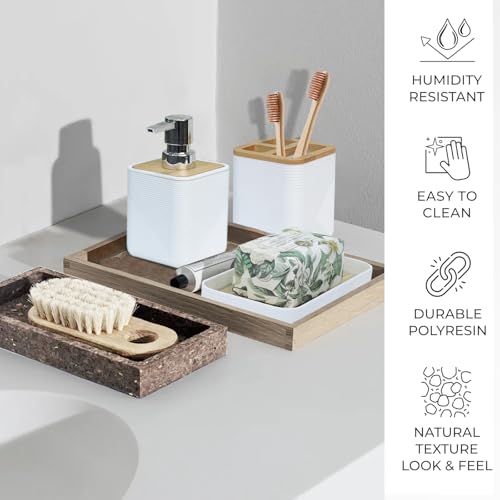 CERBIOR Bathroom Accessories Set 6 Piece Bamboo Bath Ensemble Includes Soap Dispenser, Toothbrush Holder, Toothbrush Cup, Soap Dish for Decorative Countertop and Housewarming Gift (White) - Image 2