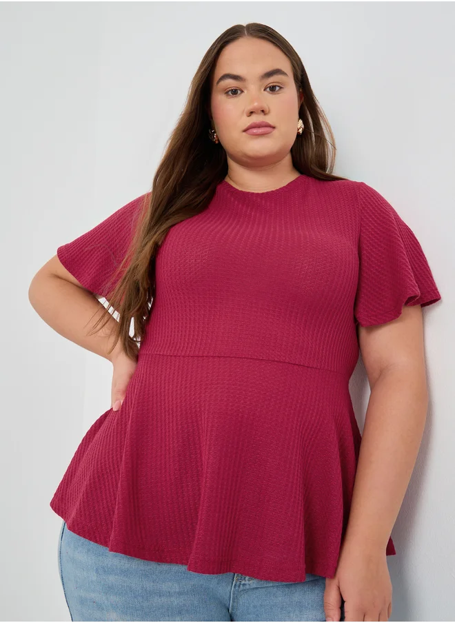 Styli Styli Plus Size Ribbed Round Neck Peplum T-Shirt