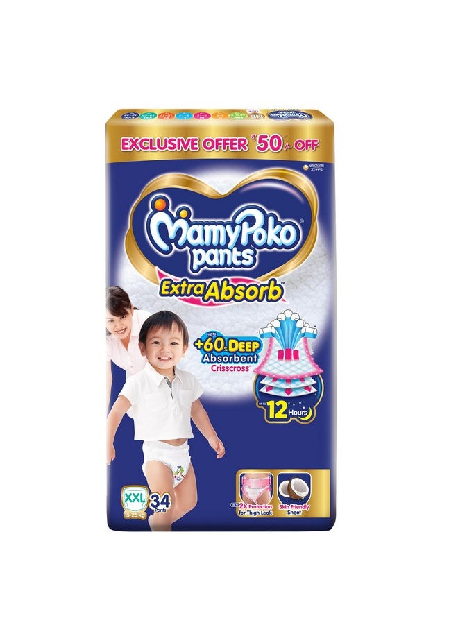 MamyPoko - Pants Extra Absorb Baby Diapers, Xx-Large (Xxl), 34 Count, 15-25 Kg - Image 1