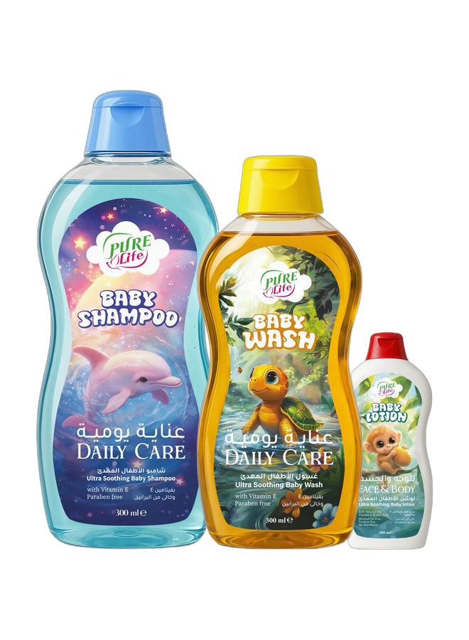 Pure Life Baby Daily Care (Body Lotion, Body Wash & Shampoo ) Essentials Kit with Ultra Soothing Shampoo, Gentle Body Wash & Hydrating Lotion for Delicate Skin, Vitamin E & Paraben Free, 300ml Shampoo, 300ml Wash, 300ml Lotion - Image 1