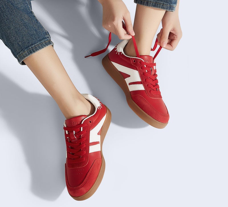 LUCKY STEP Women Classic Retro Gum Sole Fashion Sneakers Casual Tennis Skate Shoe Genuine Leather Walking Footwear Anti Slip Trainers(Red,9) - Image 2