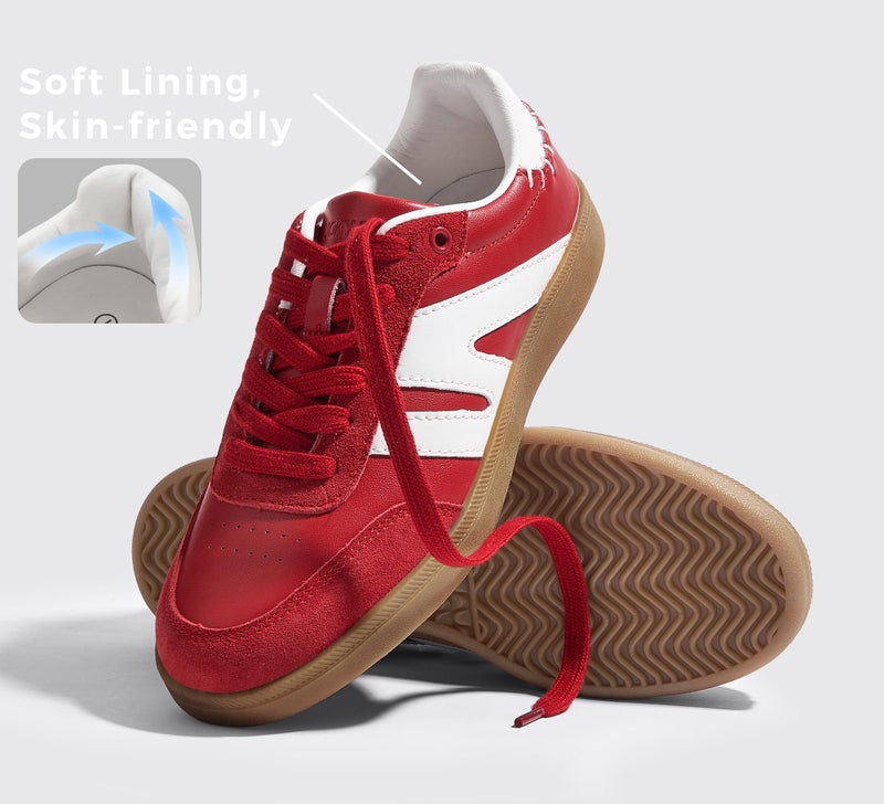 LUCKY STEP Women Classic Retro Gum Sole Fashion Sneakers Casual Tennis Skate Shoe Genuine Leather Walking Footwear Anti Slip Trainers(Red,9) - Image 4