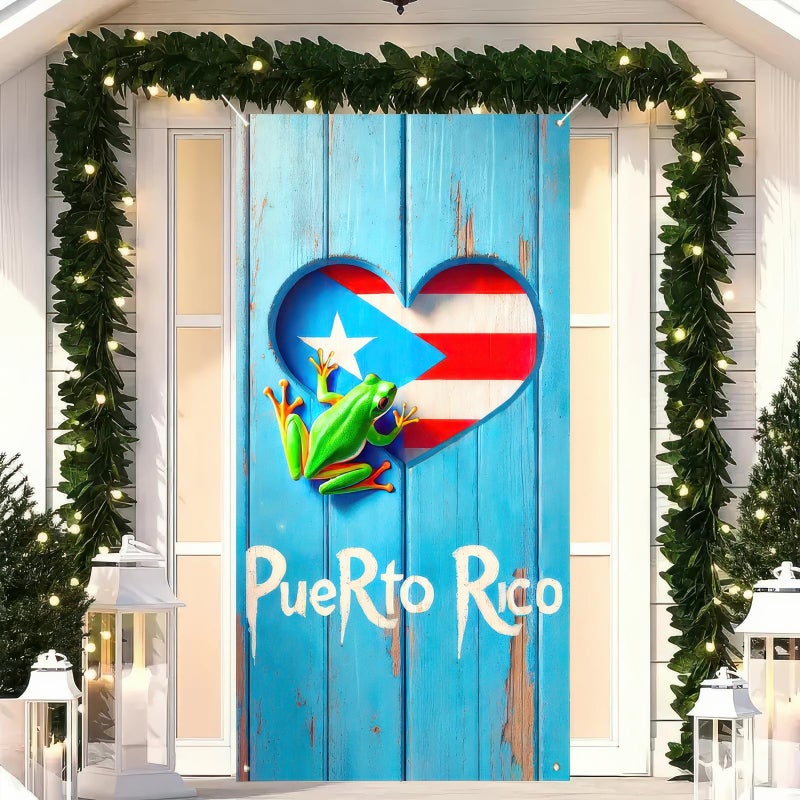 BlissYard Puerto Rico Door Cover Banner 71x35 Inch, Puerto Rican Flag Frog Heart Front Door Cover, Coqui Frog Porch Door Decoration for Outdoor Home Party Holiday Decor - Image 3