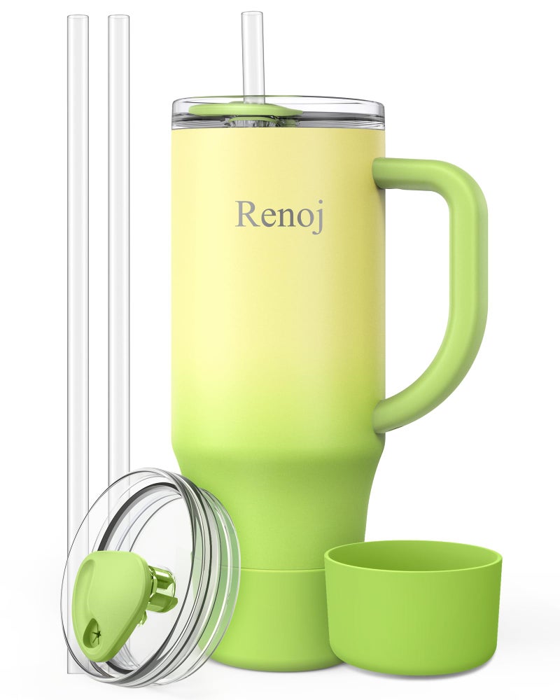 Renoj Insulated Mug 100% Spill Resistant Insulated Water Bottle for Iced Coffee & Hot Drinks - Fits Car Cup Holder, Ideal Gift, 2 Straws & Silicone Boot - FlexSlide Green Gradient 32 oz - Image 1