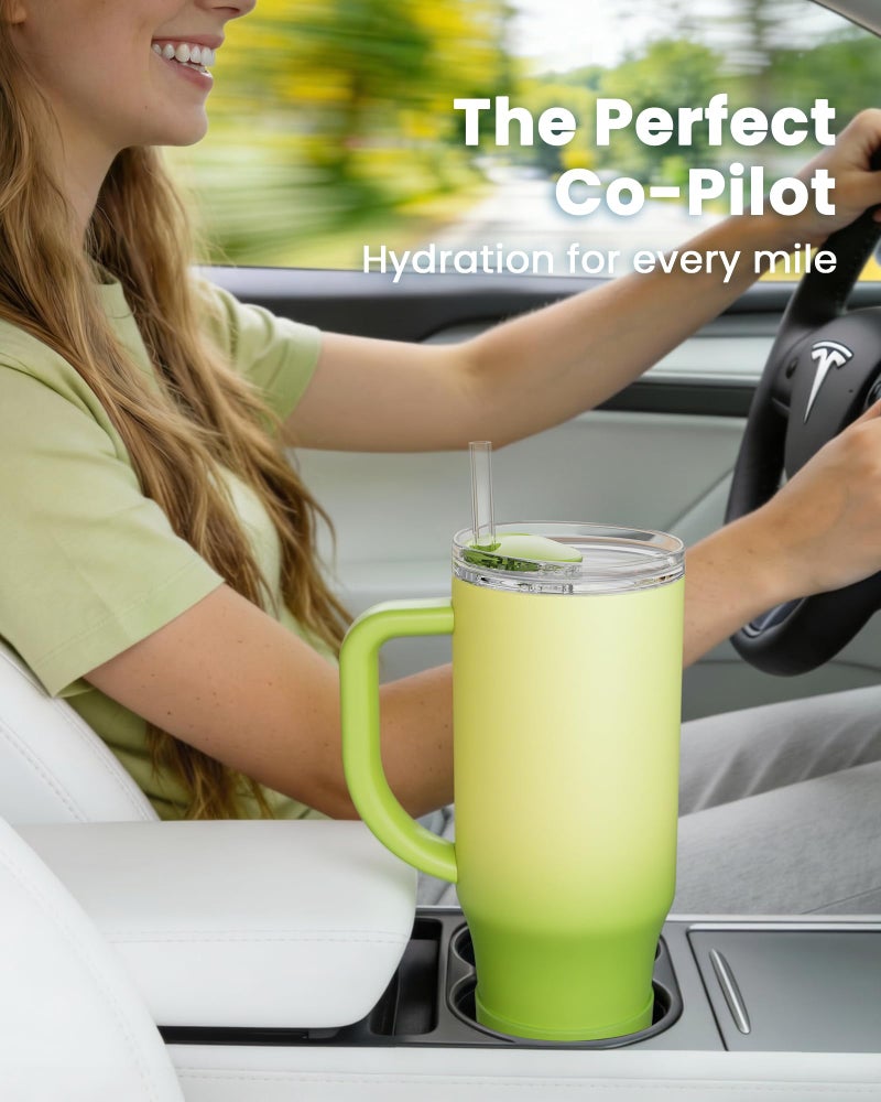 Renoj Insulated Mug 100% Spill Resistant Insulated Water Bottle for Iced Coffee & Hot Drinks - Fits Car Cup Holder, Ideal Gift, 2 Straws & Silicone Boot - FlexSlide Green Gradient 32 oz - Image 2