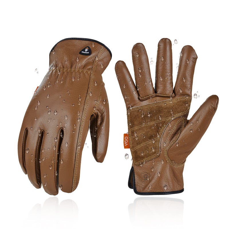 Vgo 1Pair Unlined Safety Cow Grain Leather Work Gloves Men Rigger Gloves Builder Gloves Water Resistant Palm Patched Size L Brown CA9597WP