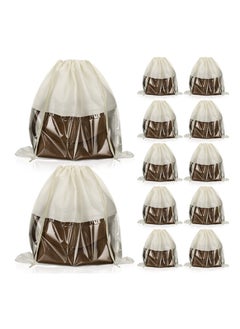 Y&D 12 Pcs Dustproof Drawstring Bags, Dust Bags Covers, Non Woven Fabric Cloth Storage, Pouch String for Purse Handbags Packing Shoe Bag Organizer, PVC Clear Window (Beige)  - Image 1