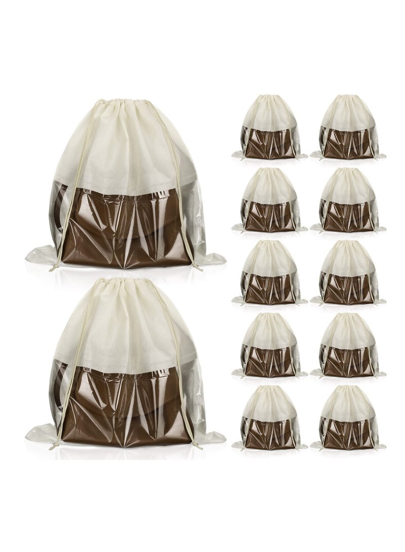 Y&D 12 Pcs Dustproof Drawstring Bags, Dust Bags Covers, Non Woven Fabric Cloth Storage, Pouch String for Purse Handbags Packing Shoe Bag Organizer, PVC Clear Window (Beige)  - Image 1