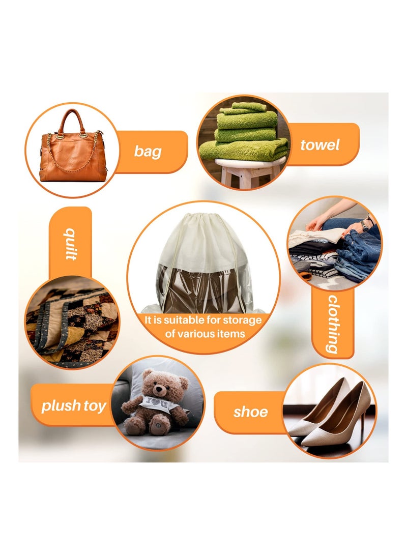 Y&D 12 Pcs Dustproof Drawstring Bags, Dust Bags Covers, Non Woven Fabric Cloth Storage, Pouch String for Purse Handbags Packing Shoe Bag Organizer, PVC Clear Window (Beige)  - Image 3