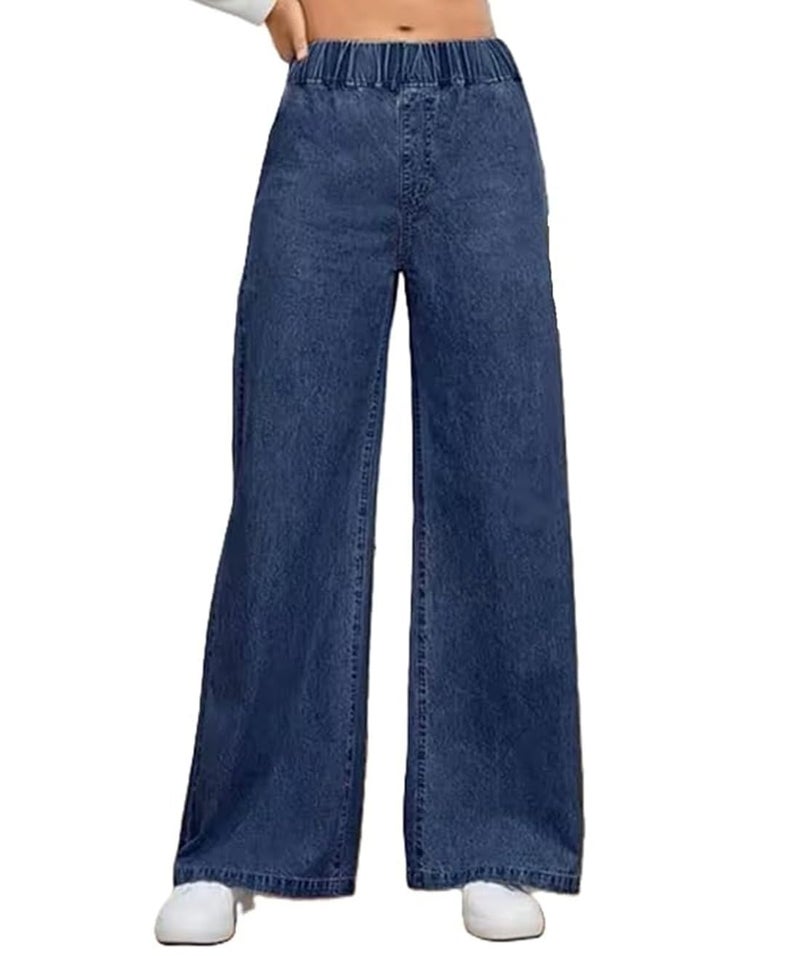 ADBUCKS Women's Stretch Denim Wide Leg Jeans Comfort Fit with Elastic Waistband, Straight Cut, Casual Style for All Seasons, Versatile Clothing (in, Numeric, 40, Dark Blue) - Image 1