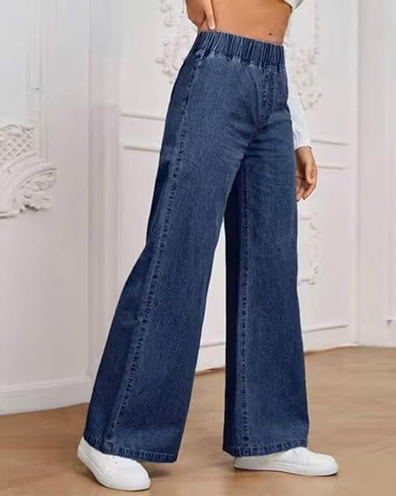 ADBUCKS Women's Stretch Denim Wide Leg Jeans Comfort Fit with Elastic Waistband, Straight Cut, Casual Style for All Seasons, Versatile Clothing (in, Numeric, 40, Dark Blue) - Image 2