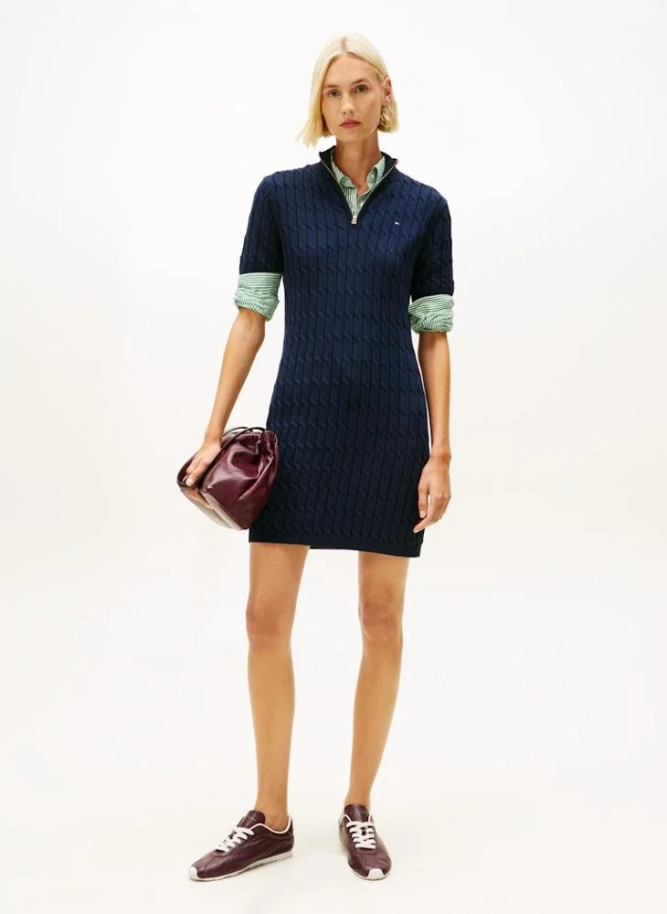Knited Half Zip detailed Short Sleeve Mini Dress