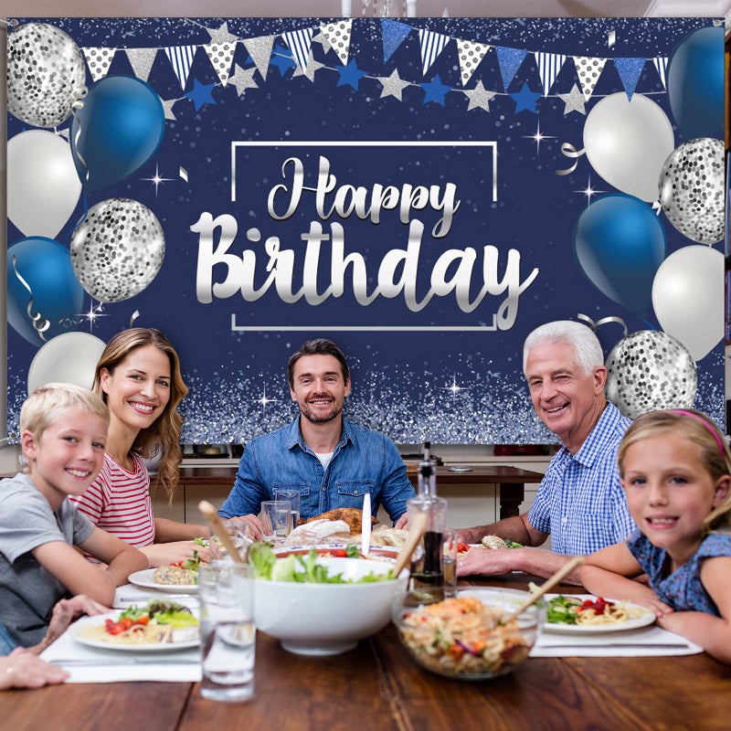 Tatuo Happy Birthday Decorations Backdrop Banner, Glitter Birthday Backdrop Sign Poster Party Supplies Photo Background for Men Women, 72.8 x 43.3 Inch(Silver and Navy Blue) - Image 4