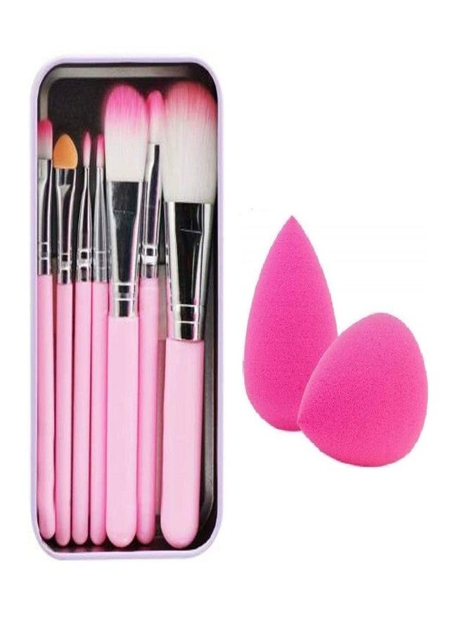 Ooplore Women's & Girl's 7 Pink Makeup Brushes Set with Storage Box and 2 Pink Beauty Blenders - (Pack of 9) - Image 1