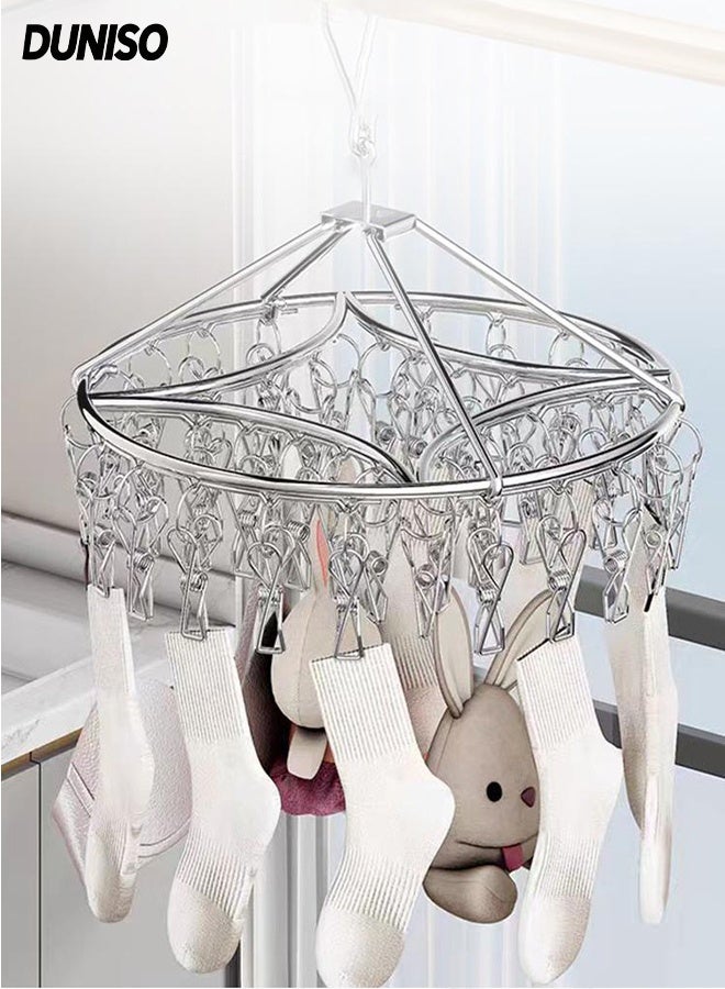 DUNISO Stainless Steel Durable Sock Dryer Foldable Sock Dryer Hanger with 40 Strong Clips Multi-Functional Rustproof Windproof Sock Hanger Space-Saving Rotary Sock Dryer Hanger for Shoe Insoles, Socks, Underwear, Baby Clothes - Image 1