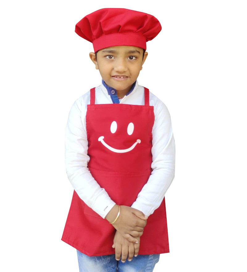 Switchon Polyester Waterproof Adjustable Kids Multi purpose Cooking Apron with a chef cap School Apron - for 3 years to 6.5 years Proudly made in india (RED) - Image 1