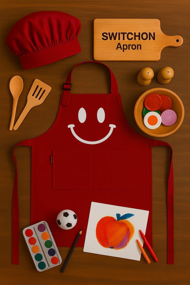 Switchon Polyester Waterproof Adjustable Kids Multi purpose Cooking Apron with a chef cap School Apron - for 3 years to 6.5 years Proudly made in india (RED) - Image 4