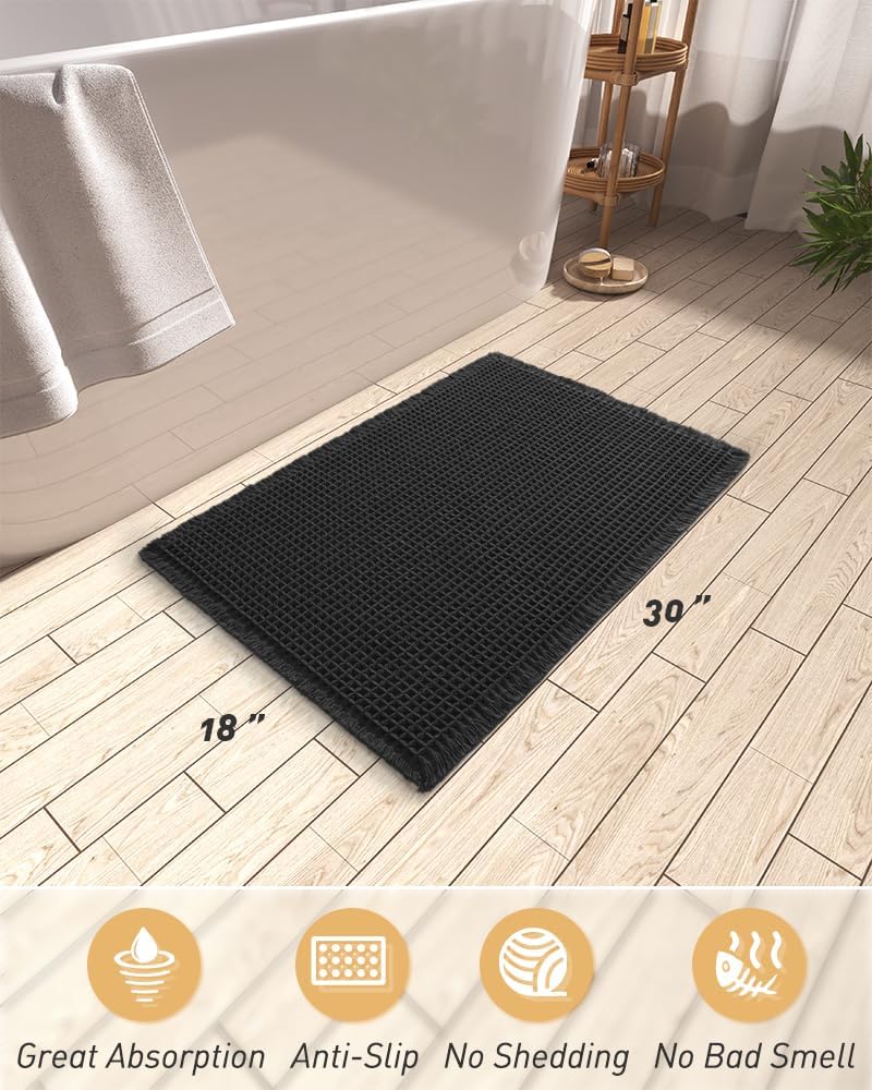 AMOAMI Upgraded Waffle Bath Mat, Super Absorbent Non Slip Bath Mats for Bathroom Floor, Machine Washable Bathroom Rugs with Tassels, Rubber Backed Bathroom Mats, Ultra Soft, 18" x 30", Black - Image 2