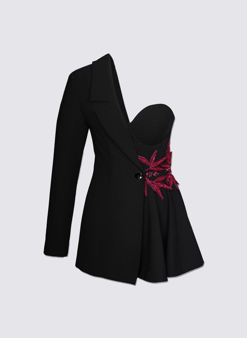 NIVA FASHION HOUSE One Sleeve Leaf Embroided Short Dress  - Image 1
