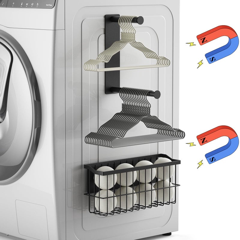 MFTEK Magnetic Dryer Ball Holder and Magnetic Hanger Holder for Laundry Room Organization, Extendable Hanger Organizer Stacker, Magnet Lint Bin, Metal Basket Dryer Ball Container Set (Black) - Image 1