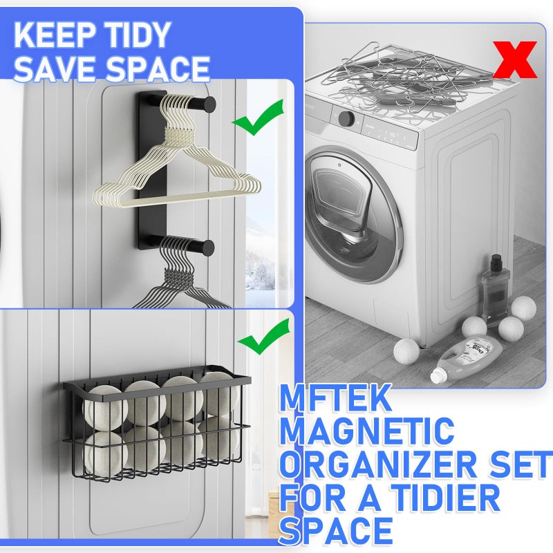 MFTEK Magnetic Dryer Ball Holder and Magnetic Hanger Holder for Laundry Room Organization, Extendable Hanger Organizer Stacker, Magnet Lint Bin, Metal Basket Dryer Ball Container Set (Black) - Image 4