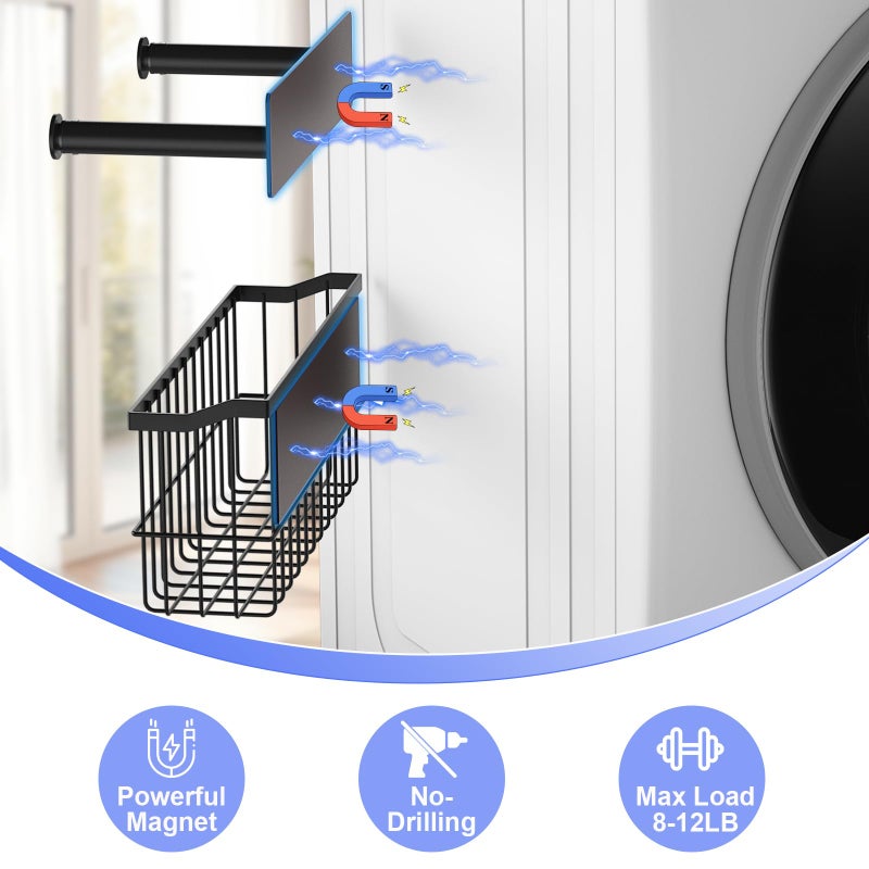 MFTEK Magnetic Dryer Ball Holder and Magnetic Hanger Holder for Laundry Room Organization, Extendable Hanger Organizer Stacker, Magnet Lint Bin, Metal Basket Dryer Ball Container Set (Black) - Image 2