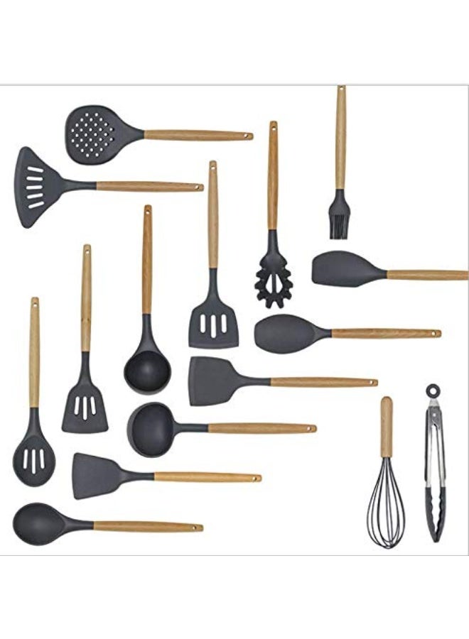بي- بلس إنترناشونال مجموعة أدوات مطبخ من السيليكون من بي بلس إنترناشونال، بمقابض خشبية مقاومة للحرارة، مجموعة أدوات مطبخ لأواني الطهي غير اللاصقة (خالية من مادة BPA) (ملعقة دائرية A، لون أسود) - Image 2