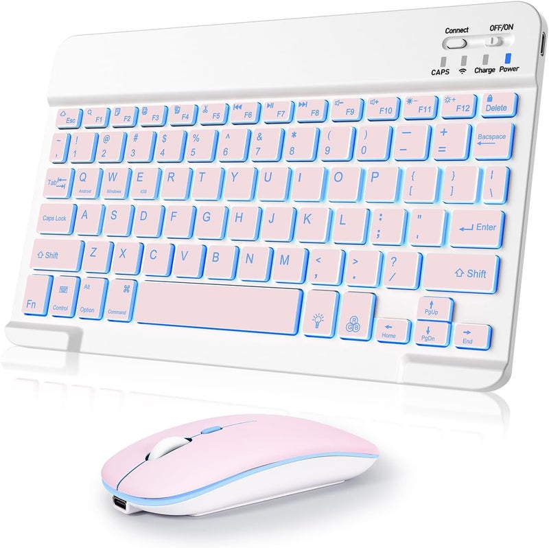 Nsyee Wireless Keyboard And Mouse Combo, Rechargeable Bluetooth Keyboard & Mouse with 7 Color Backlit and 2.4 GHz Wireless USB Receiver, Compatible with Phone, iPad, PC, Laptop, Windows/iOS/Android, Pink - Image 1