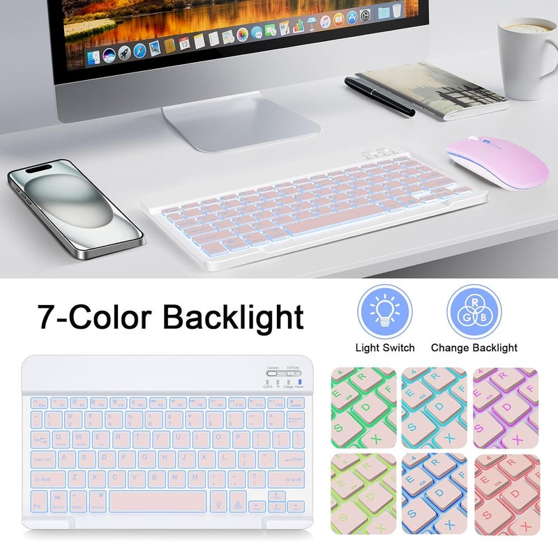 Nsyee Wireless Keyboard And Mouse Combo, Rechargeable Bluetooth Keyboard & Mouse with 7 Color Backlit and 2.4 GHz Wireless USB Receiver, Compatible with Phone, iPad, PC, Laptop, Windows/iOS/Android, Pink - Image 3