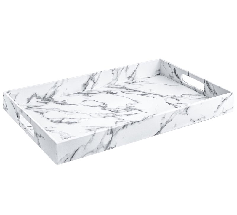 Home Redefined Modern Elegant 18x12 Rectangle White Marble Faux Leather Decorative Tray Ottoman Coffee Table Perfume Living Room Kitchen Serving Tray Display Vanity with Handles for All Occasions