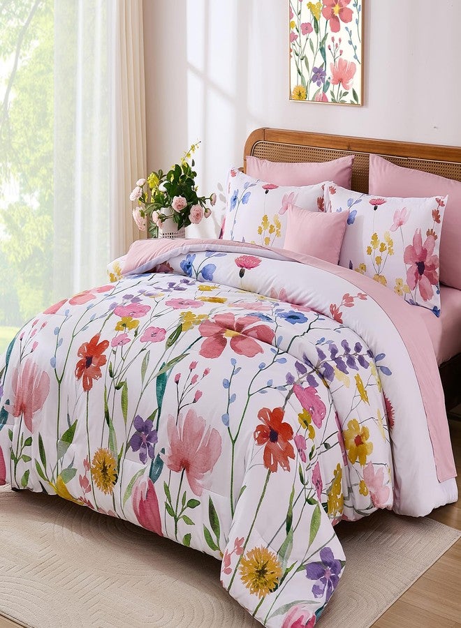 Anibedding Annibedding Floral King Comforter Set, 8 Piece Pink Flower Bed in a Bag, Floral Reversible Comforter with Sheet Set, Soft Lightweight Microfiber Bedding Set (Pink,90"x104") - Image 2