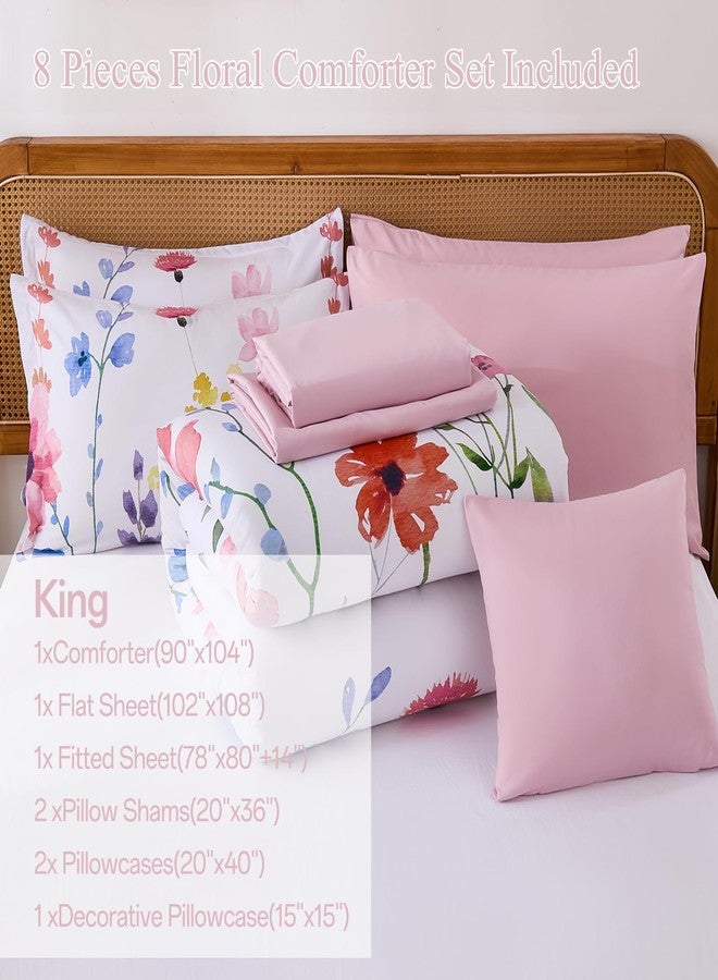 Anibedding Annibedding Floral King Comforter Set, 8 Piece Pink Flower Bed in a Bag, Floral Reversible Comforter with Sheet Set, Soft Lightweight Microfiber Bedding Set (Pink,90"x104") - Image 4