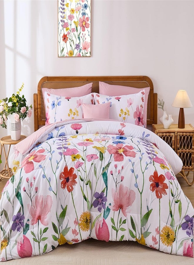 Anibedding Annibedding Floral King Comforter Set, 8 Piece Pink Flower Bed in a Bag, Floral Reversible Comforter with Sheet Set, Soft Lightweight Microfiber Bedding Set (Pink,90"x104") - Image 1
