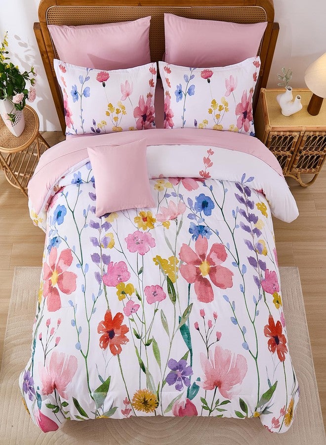 Anibedding Annibedding Floral King Comforter Set, 8 Piece Pink Flower Bed in a Bag, Floral Reversible Comforter with Sheet Set, Soft Lightweight Microfiber Bedding Set (Pink,90"x104") - Image 3
