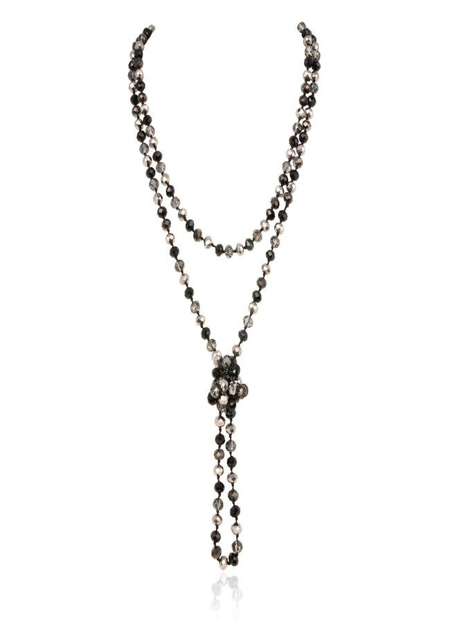 RIAH FASHION Hand Knotted Beads Endless Long Statement Necklace - Handmade Versatile Beaded Multi Layer Infinity Wrap 60" Sparkly Faceted Crystal Rondelle (Black/Hematite Mix) - Image 1