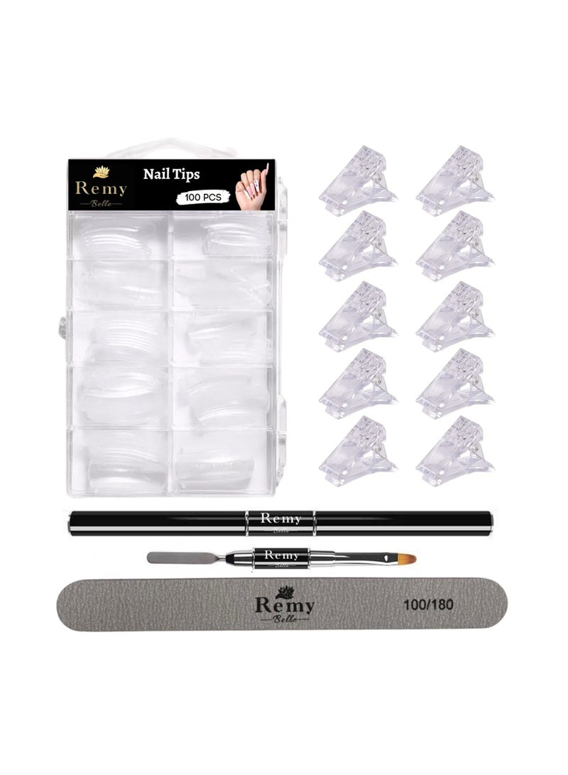 ريمي بيلا مجموعة الأظافر سريعة البناء من بولي جل 100 قطعة من القوالب الصناعية الشفافة 10 مشابك أداة مزدوجة الأطراف ومبرد - Image 1