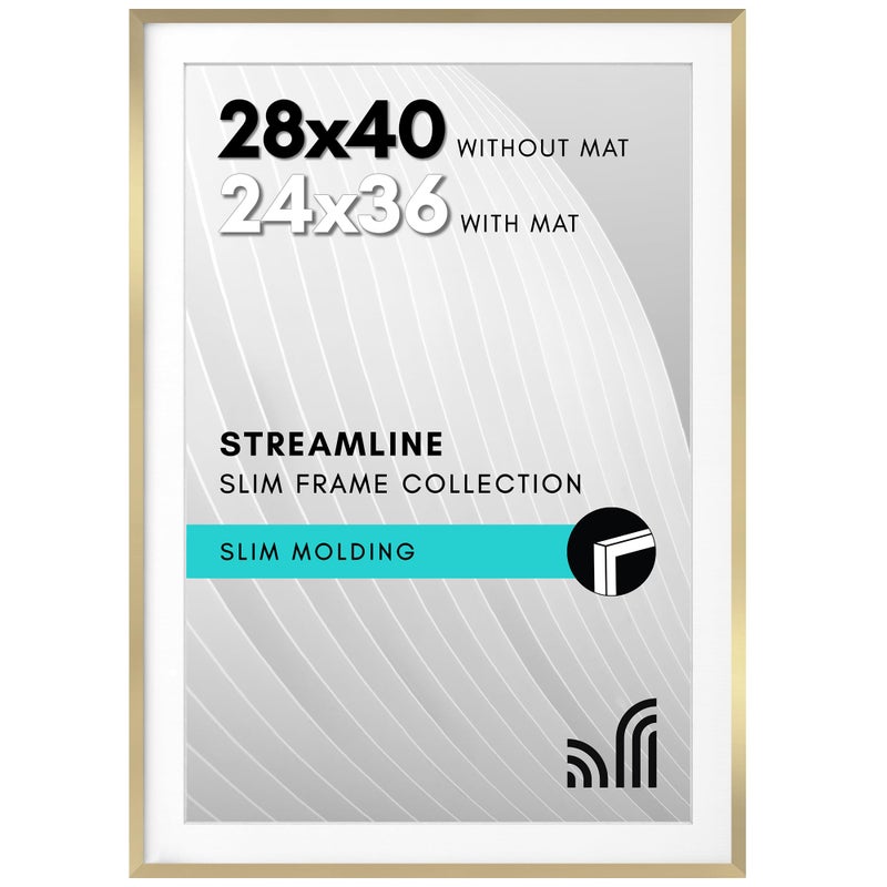 Americanflat 28x40 Poster Frame with Polished Plexiglass - Use as 24x36 Frame with Mat or Display 28x40 Photo Without Mat - Streamline Collection - Thin Border Picture Frames for Wall - Gold - Image 1