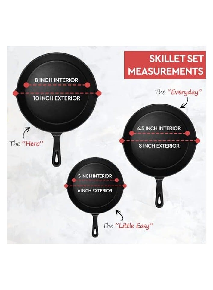 Green Tiger Chef Cast Iron Skillet 3-Piece Set - Best Heavy-Duty Professional Restaurant Chef Quality Pre-Seasoned Pan Cookware Set - 10", 8", 6" Pans - Great For Frying, Saute, Cooking, Pizza & More,Black - Image 2