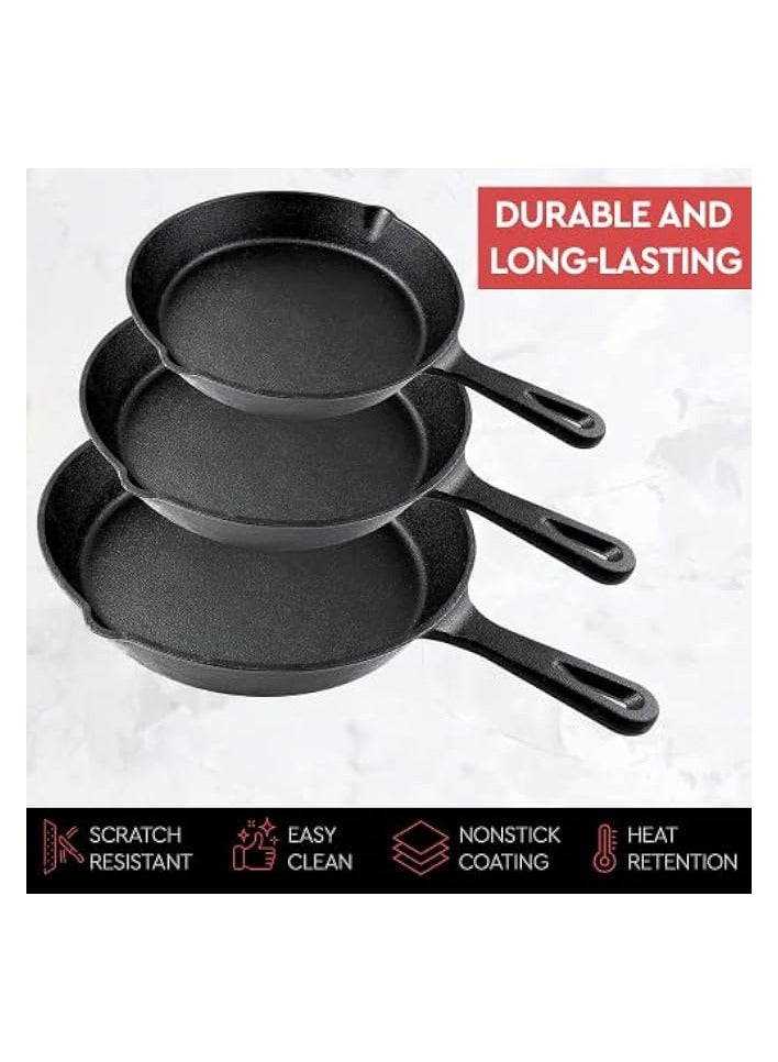 Green Tiger Chef Cast Iron Skillet 3-Piece Set - Best Heavy-Duty Professional Restaurant Chef Quality Pre-Seasoned Pan Cookware Set - 10", 8", 6" Pans - Great For Frying, Saute, Cooking, Pizza & More,Black - Image 3
