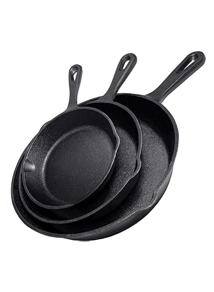 Green Tiger Chef Cast Iron Skillet 3-Piece Set - Best Heavy-Duty Professional Restaurant Chef Quality Pre-Seasoned Pan Cookware Set - 10", 8", 6" Pans - Great For Frying, Saute, Cooking, Pizza & More,Black - Image 1