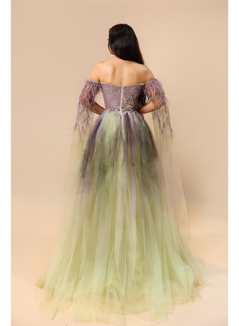 FAIZ COUTURE Elegant Off-Shoulder Purple & Green Ombre Tulle Gown - Image 2