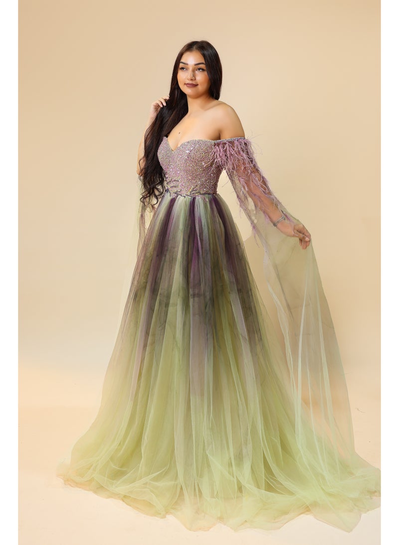 FAIZ COUTURE Elegant Off-Shoulder Purple & Green Ombre Tulle Gown - Image 3