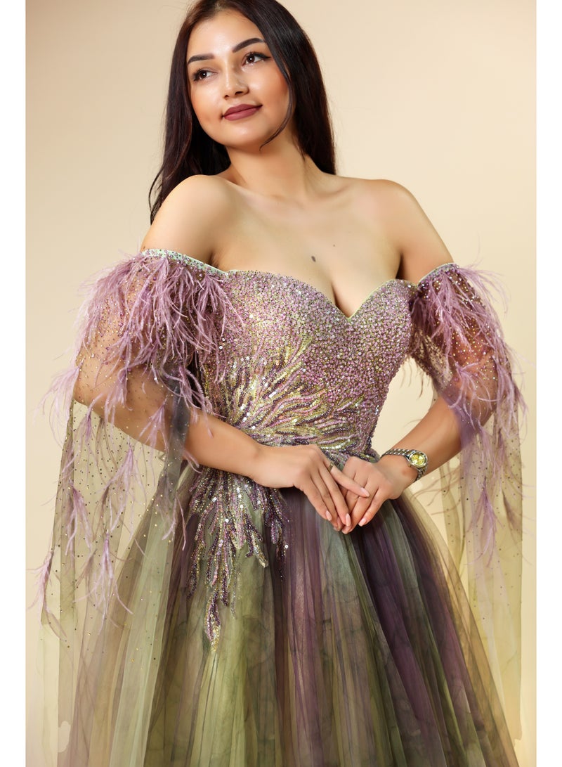 FAIZ COUTURE Elegant Off-Shoulder Purple & Green Ombre Tulle Gown - Image 4