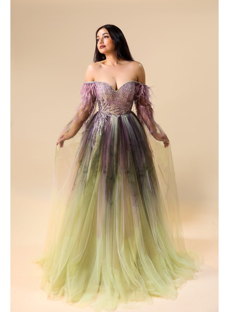 FAIZ COUTURE Elegant Off-Shoulder Purple & Green Ombre Tulle Gown - Image 1