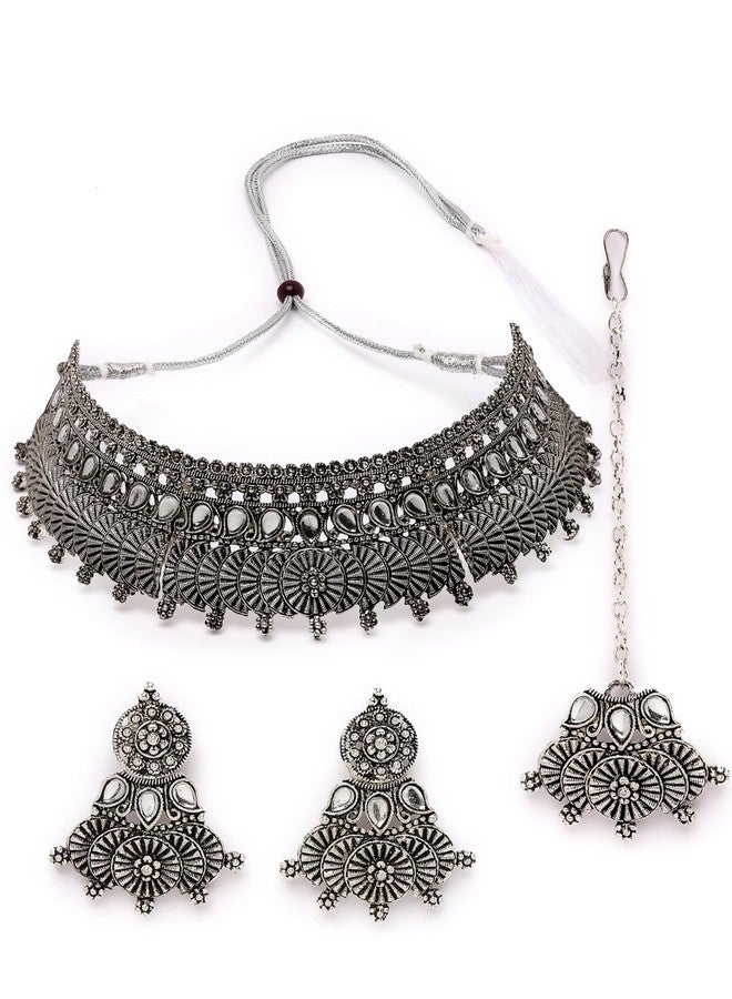 Sukkhi سلسلة تشوكر مزينة بالفضة المؤكسدة مع أقراط | مجموعة مانتيكا للنساء (NS105642) - Image 1