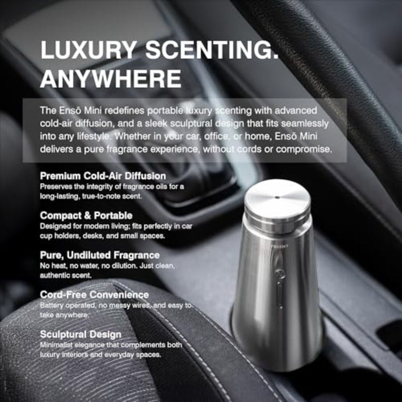 نظام إفراز العطور اللاسلكي من نوع Enso Mini Cold-Air Scent Diffuser، مع وضع سيارة ذكي، للاستخدام في المنزل أو المكتب، بتصميم فضي للسيارة، وتوافق مع زجاجات Enso سعة 10 مل، تُباع بشكل منفصل - Image 2