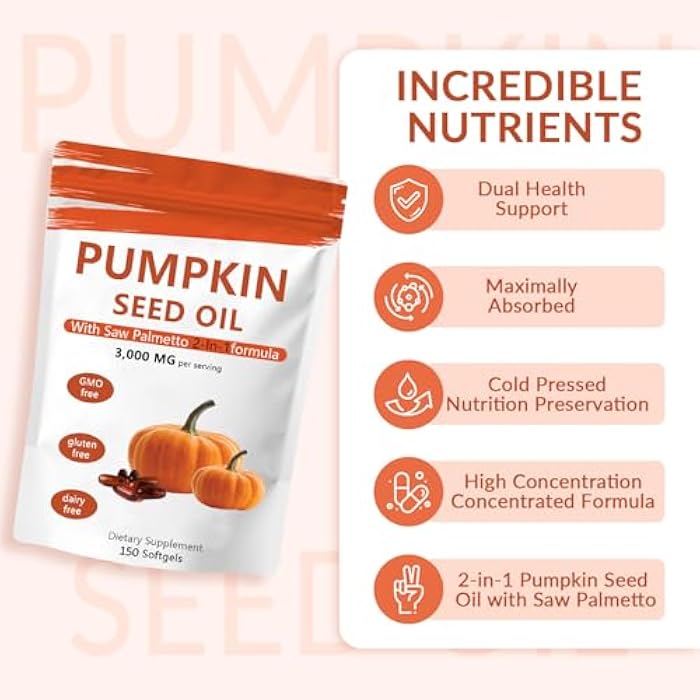 ARSYCHLL Pumpkin Seed Oil Capsules, 2 in 1 Pumpkin Seed Oil with Saw Palmetto for Hair Growth, 3000mg Per Serving, Cold Pressed, Supports Hair, Heart, Skin Supplement | Non-GMO | 150 Softgels | Only 1 Bag - Image 4