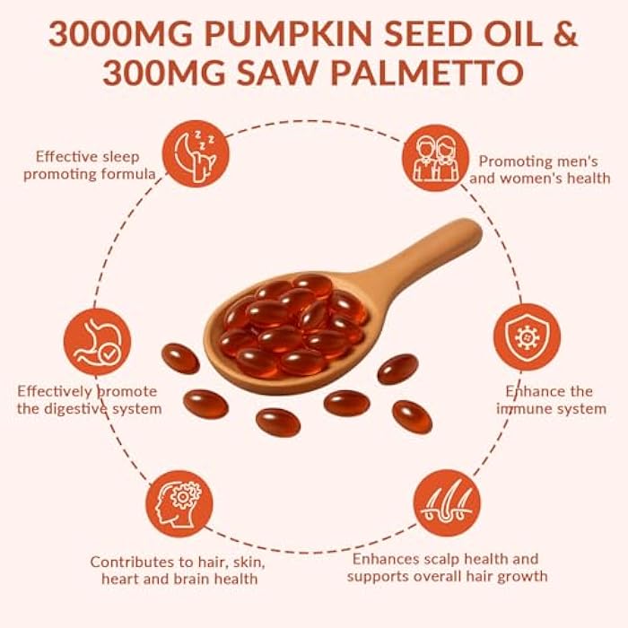 ARSYCHLL Pumpkin Seed Oil Capsules, 2 in 1 Pumpkin Seed Oil with Saw Palmetto for Hair Growth, 3000mg Per Serving, Cold Pressed, Supports Hair, Heart, Skin Supplement | Non-GMO | 150 Softgels | Only 1 Bag - Image 3