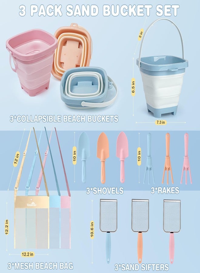 Dreamon Beach Sand Toys Mesh Shovel Set for Kids, 3 Pack Collapsible Sand Buckets and Filter Sand Scooper with Mesh Bag for Shell Collecting, Shark Tooth Sifter Dipper Sandbox Toys for Toddlers Boys Girls - Image 5